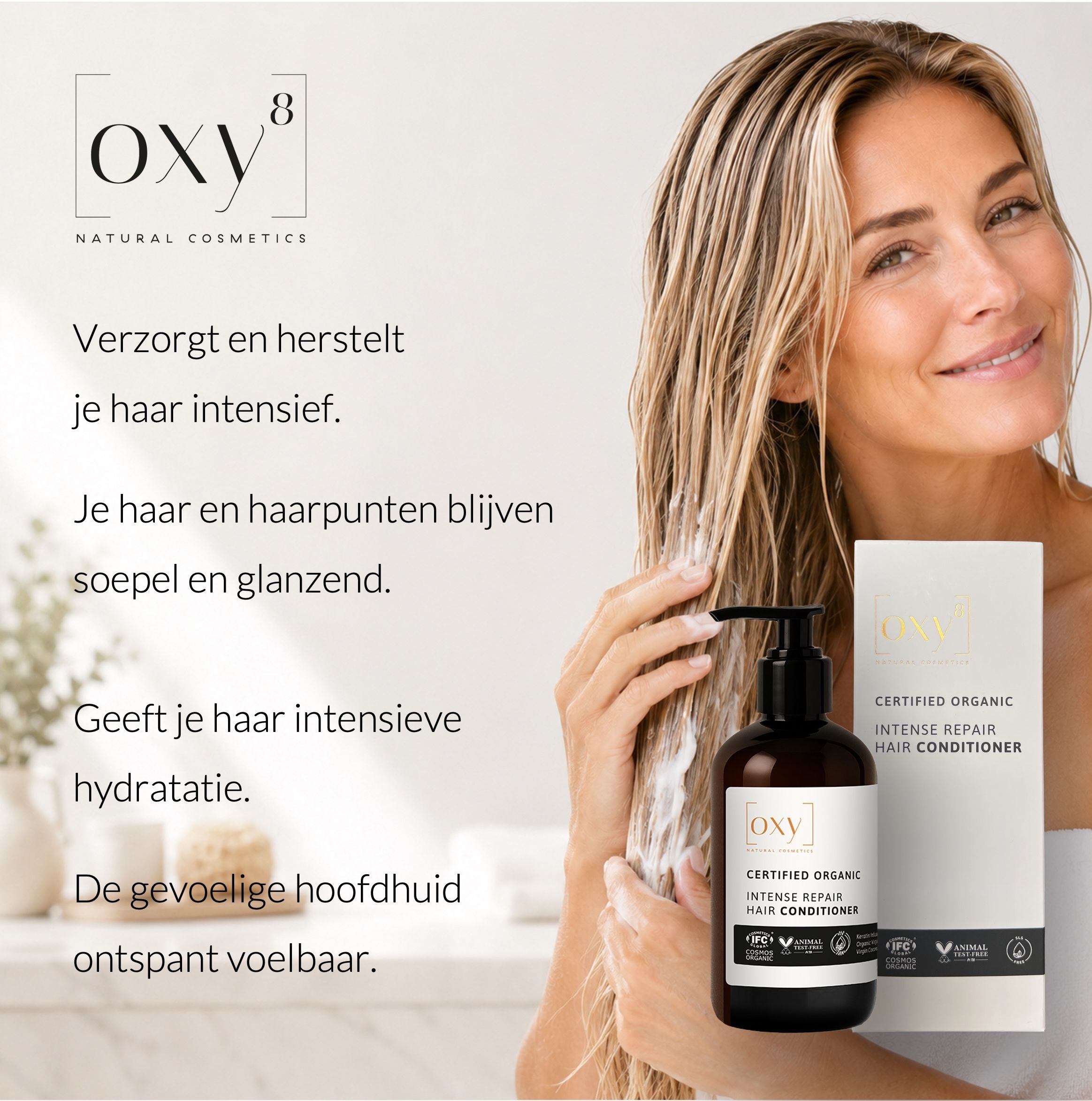 Vrouw met haar, productverpakking met tekst: OXY8, Conditioner.