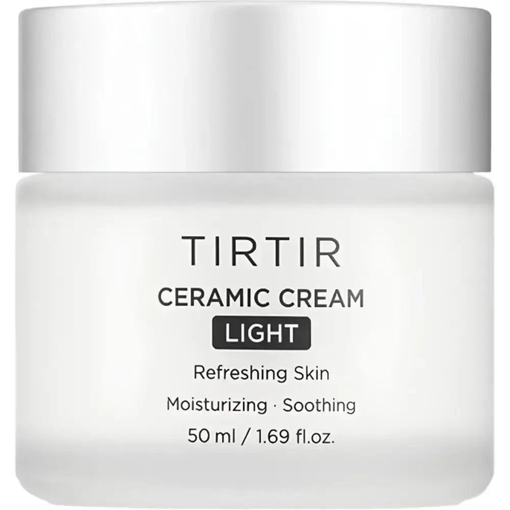 TIRTIR Ceramic Cream Light. Pot blanc avec couvercle argenté. Texte: TIRTIR, CERAMIC CREAM LIGHT, Refreshing Skin, 50 ml / 1.69 fl.oz.