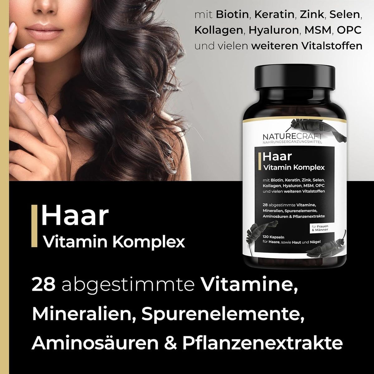 Reclamebeeld met vrouw en product. Productfles met etiket. Tekst: Haar Vitamin Komplex. 28 vitaminen, mineralen, sporenelementen.