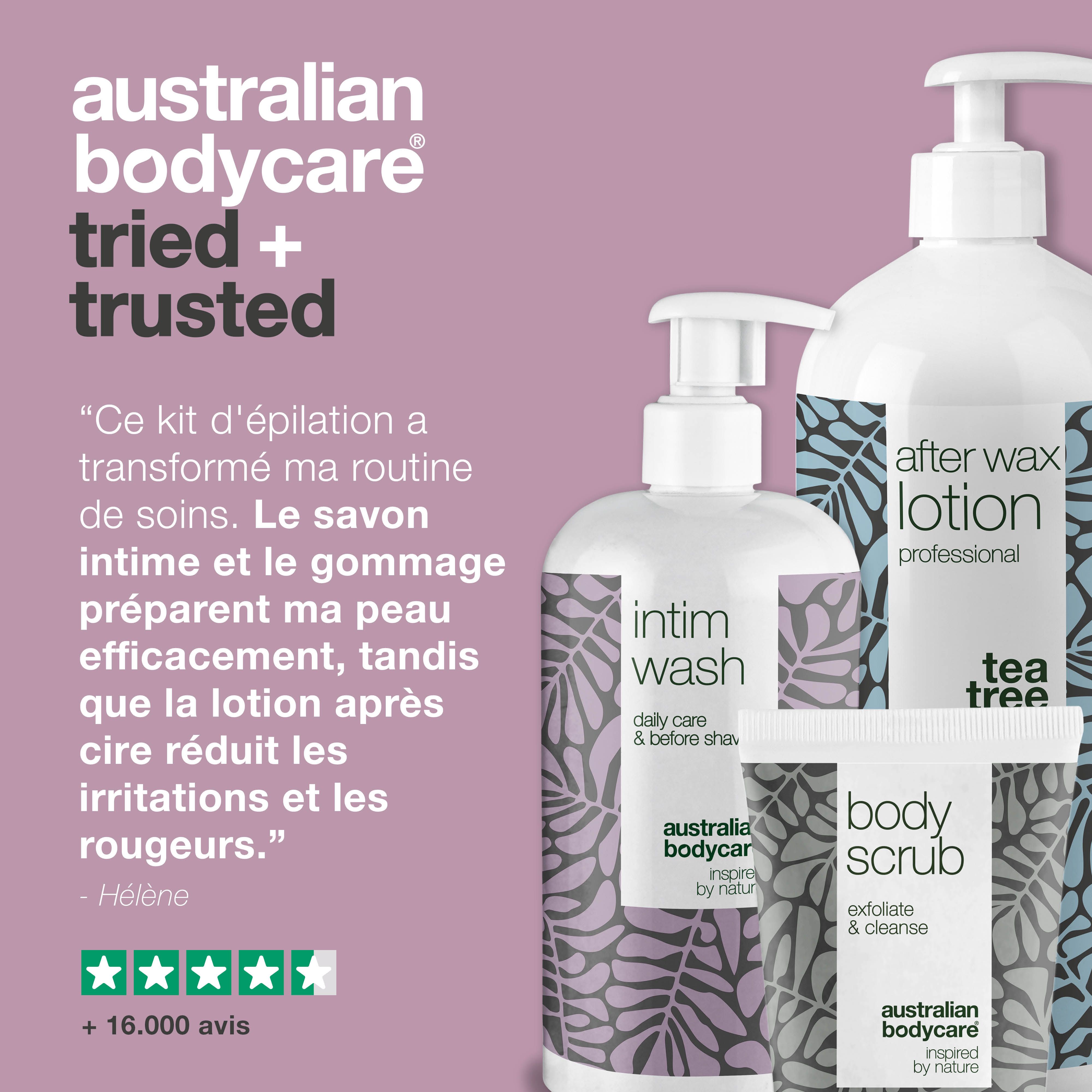 Trois produits : Intim Wash, After Wax Lotion, Body Scrub. Texte : Australian Bodycare. Texte en français.