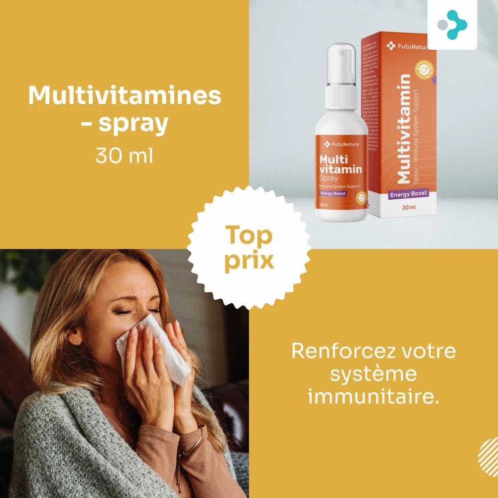 Femme avec un mouchoir. Emballage et flacon de FutuNatura Multivitamine Spray. Texte : Renforce le système immunitaire. Arôme mangue.