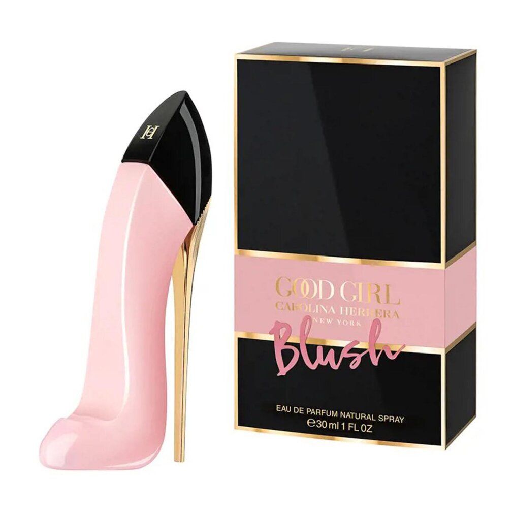 Roze schoenvormige parfumfles naast een zwart-roze geschenkdoos met 'Good Girl Blush'.