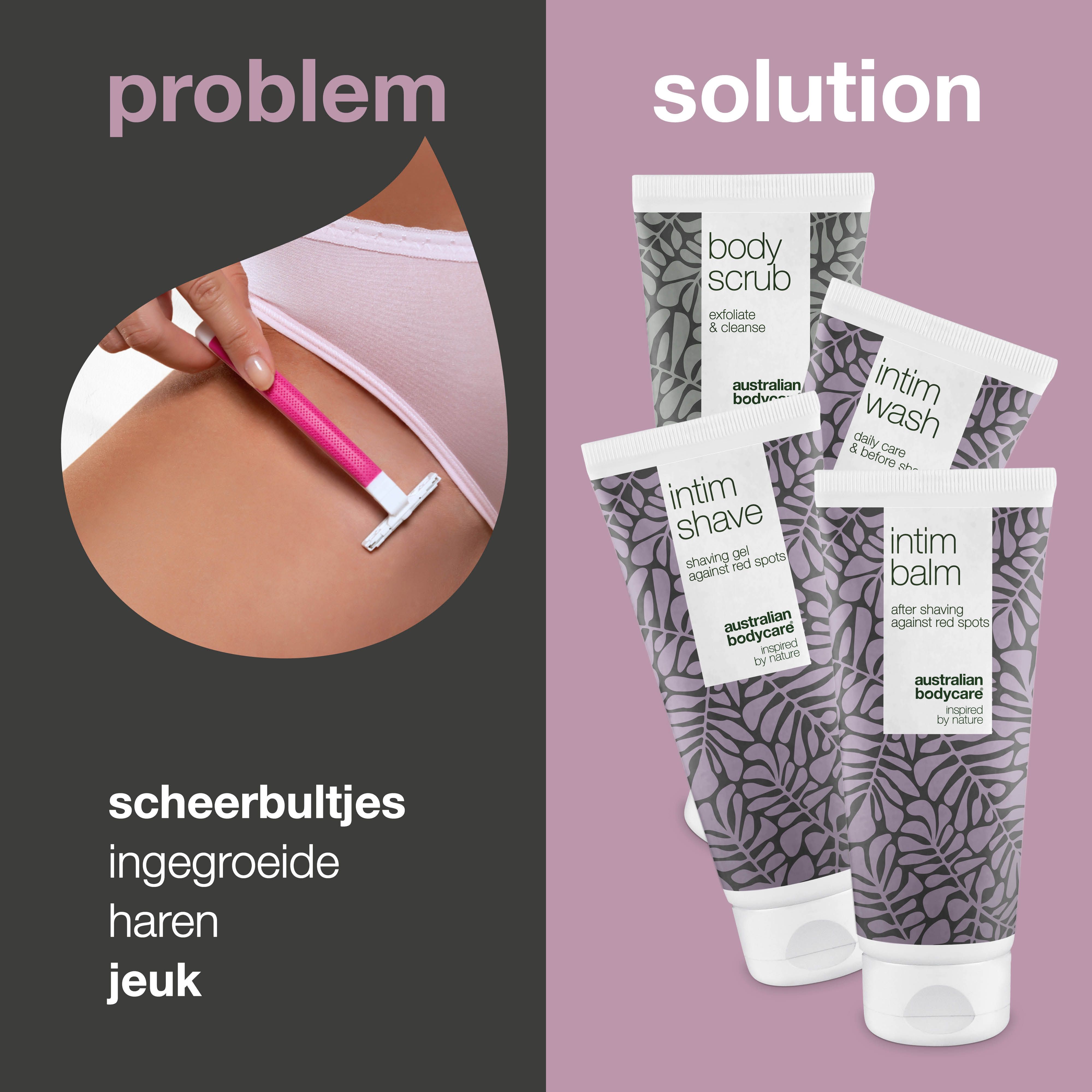 Probleem-oplossing concept. Scheren, scheerbultjes, ingegroeide haren. Producten: Body Scrub, Intim Wash, Intim Balm, Intim Shave.