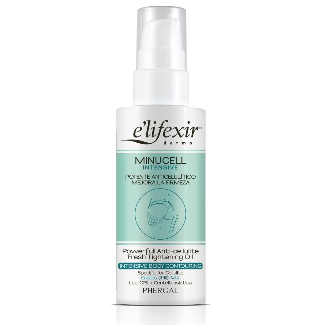 Flacon Elifexir Minucell Anti-Cellulite-Öl. Bouchon pompe blanc. Étiquette turquoise avec nom du produit et illustration.