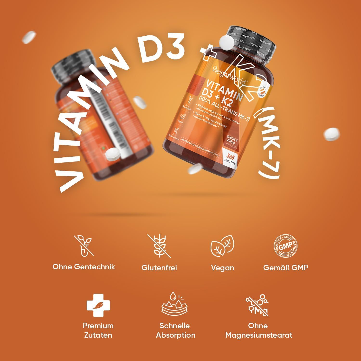 Deux bouteilles WeightWorld Vitamine D3+K2 et symboles d'ingrédients.