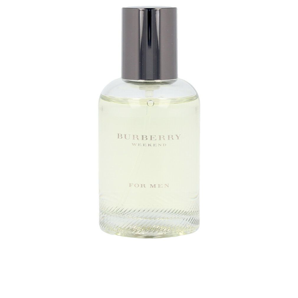Burberry Weekend Eau de Toilette voor mannen. Fles met zilveren dop. Opschrift: Burberry Weekend, For Men.
