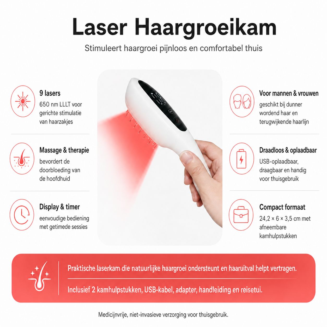 Een laser haarwuskam met accessoires: reisetui, laaddoos en handleiding op een zwarte doos.