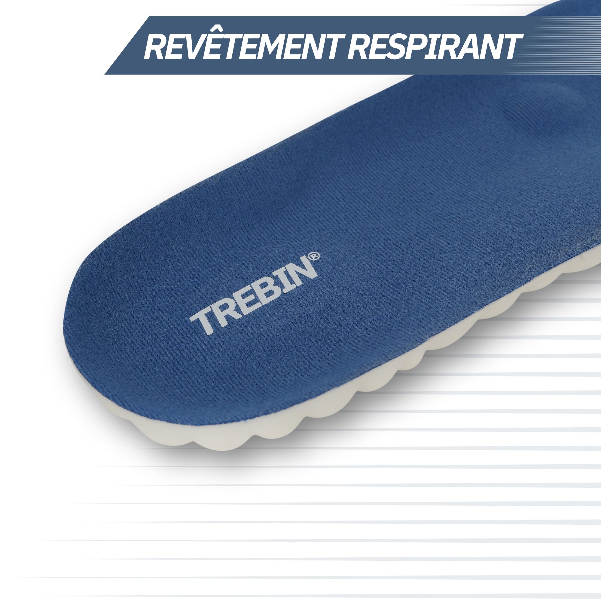 Semelle intérieure bleue avec le nom de marque TREBIN et une surface respirante.