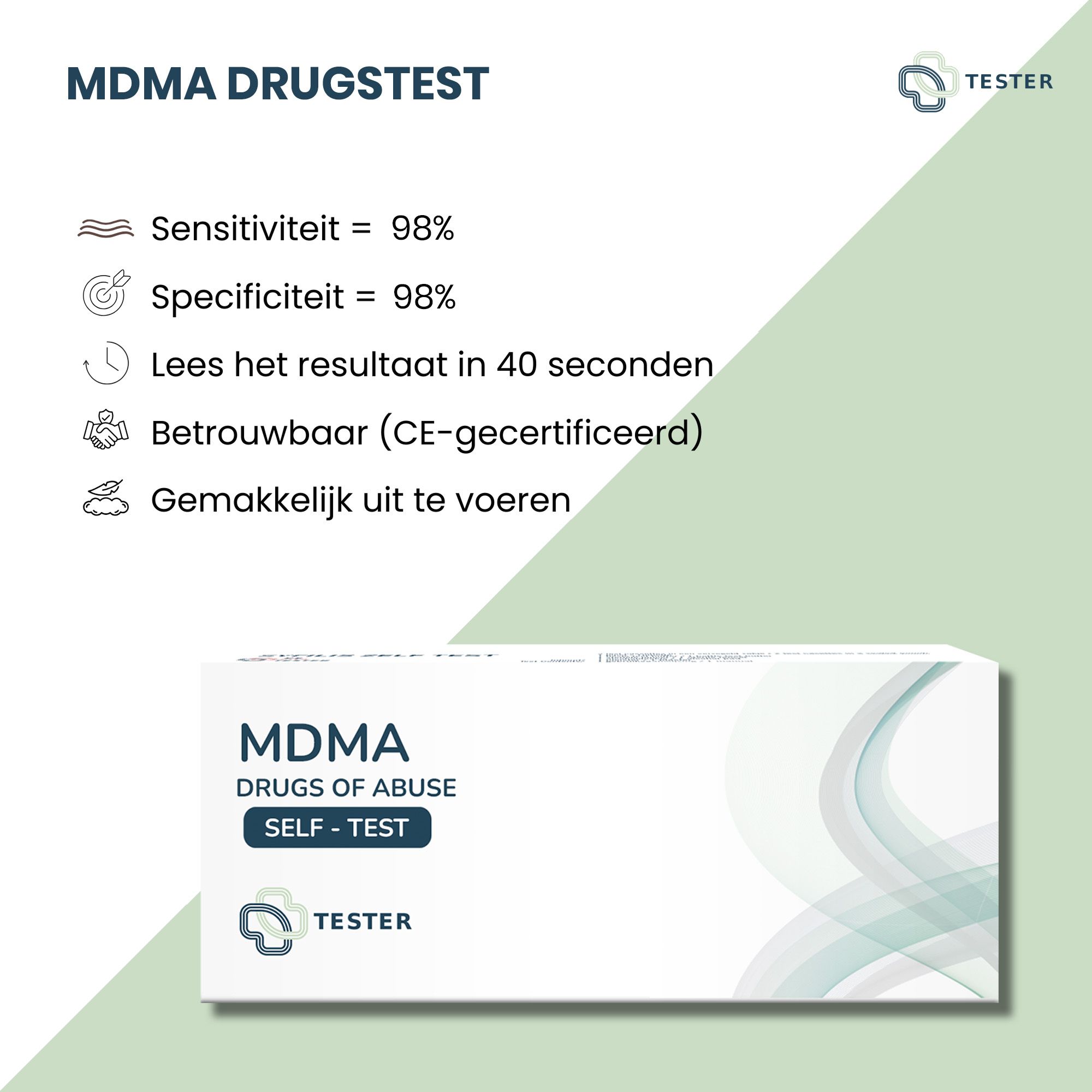 Productverpakking met tekst en pictogrammen. Tekst: MDMA Drugstest, Gevoeligheid 98%, Betrouwbaar (CE-geattesteerd).