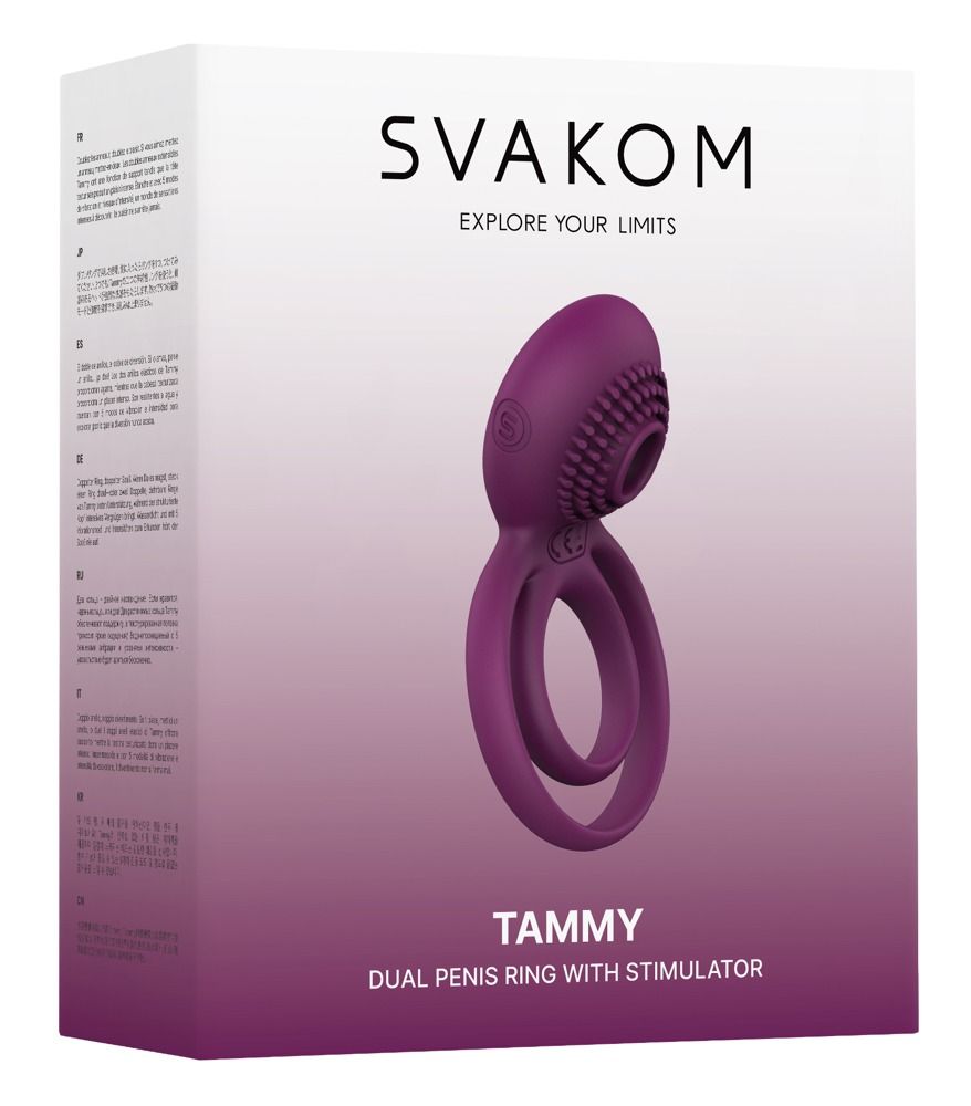 Verpakking met product. SVAKOM-logo en naam TAMMY. Dubbele penisring met stimulator. Paars product op witte achtergrond.