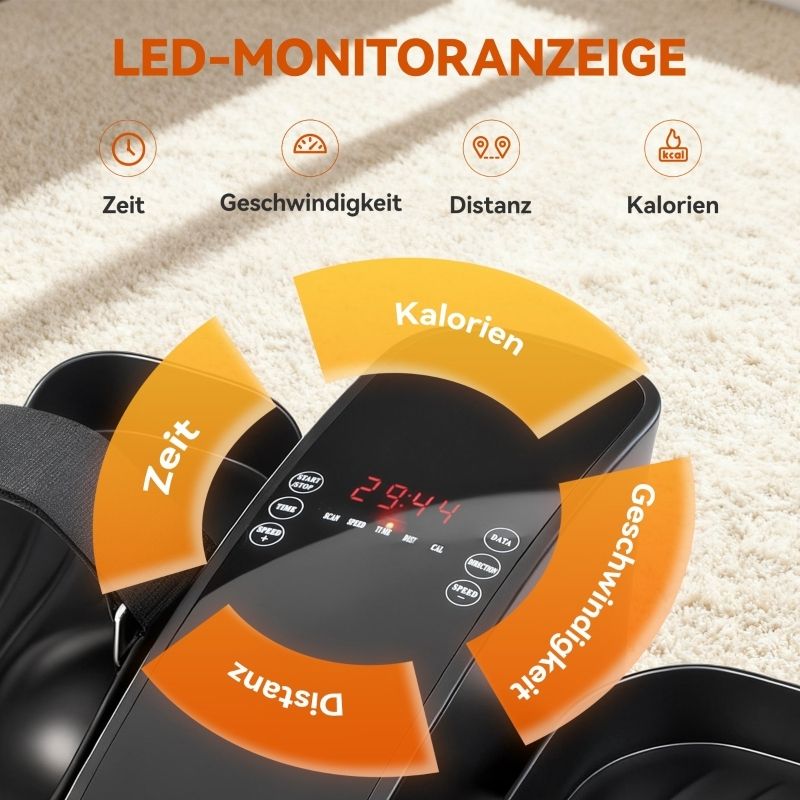 Mini-elliptische trainer. LED-display. Toont tijd, snelheid, afstand en calorieën. Bedieningspaneel met knoppen.