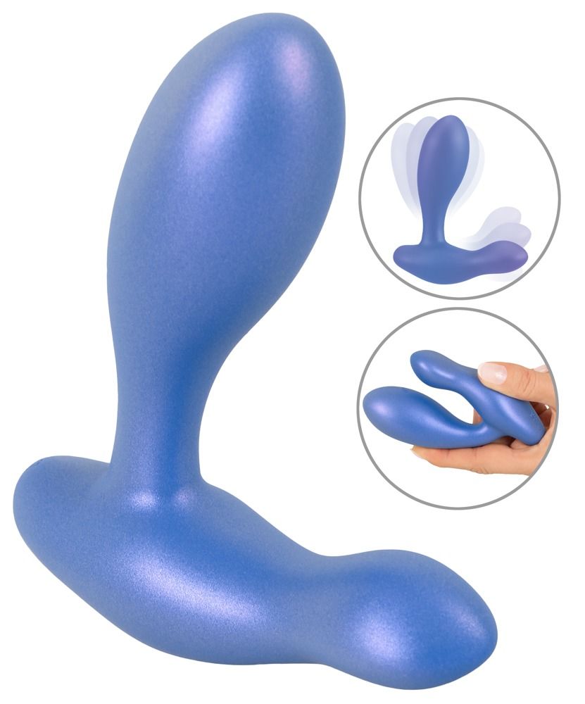 Vibrateur anal bleu à surface chatoyante, montre la flexibilité et la manipulation.