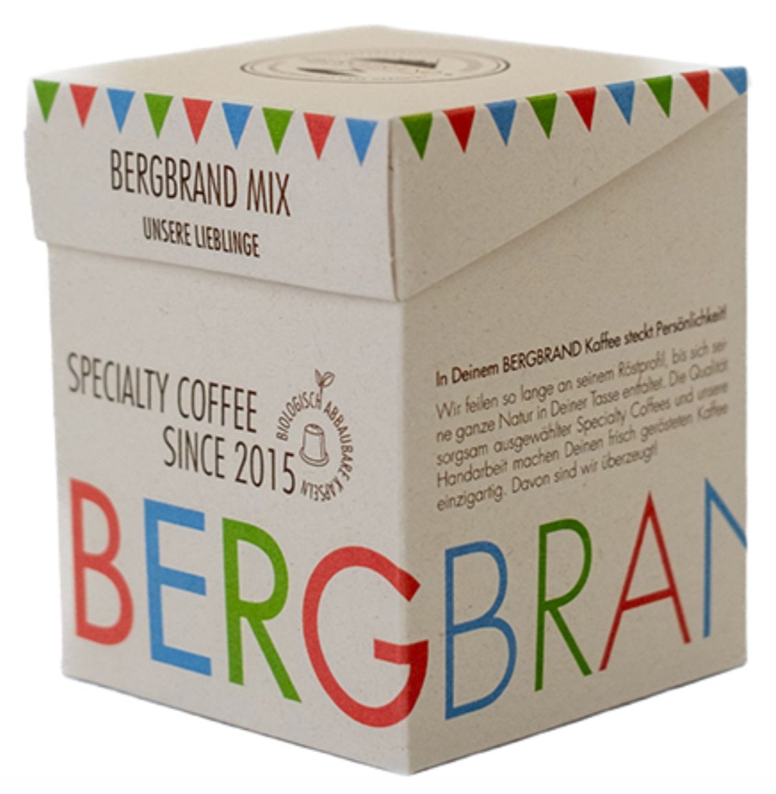 Emballage. BERGBRAND Mix, Specialty Coffee. Boîte carrée avec texte et logo.
