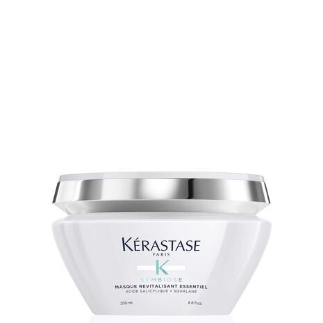 Pot blanc avec couvercle argenté. Inscription : Kérastase, Symbiose, Masque Revitalisant Essentiel.