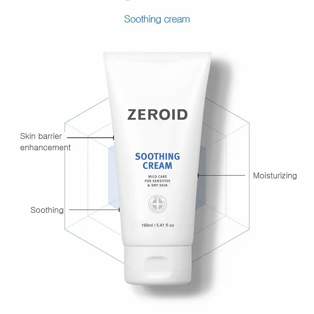 Tube blanc ZEROID Soothing Cream avec texte bleu. Texte: Mild Care for Sensitive & Dry Skin. 160ml/5.41 fl oz.