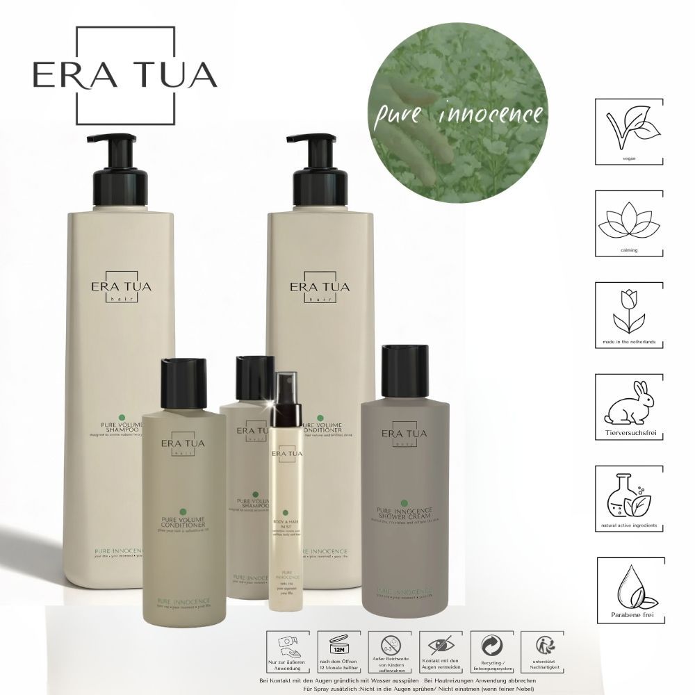 Divers produits Era Tua Pure Innocence. Flacons, sprays, avec bouchons noirs et blancs. Labels vegan, apaisant, sans cruauté.