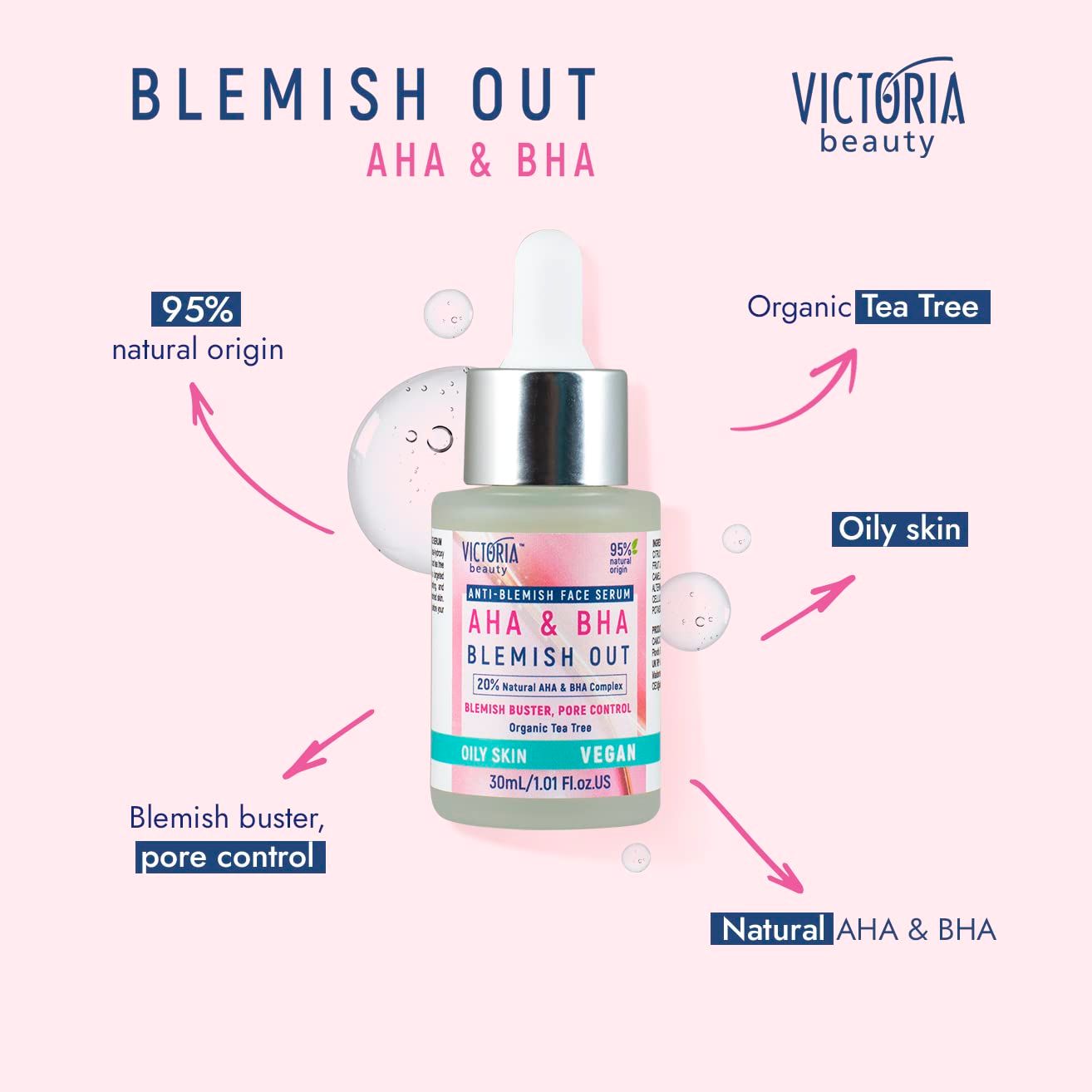 Victoria Beauty Blemish Out Serum AHA & BHA, 30ml. 95% van natuurlijke oorsprong.