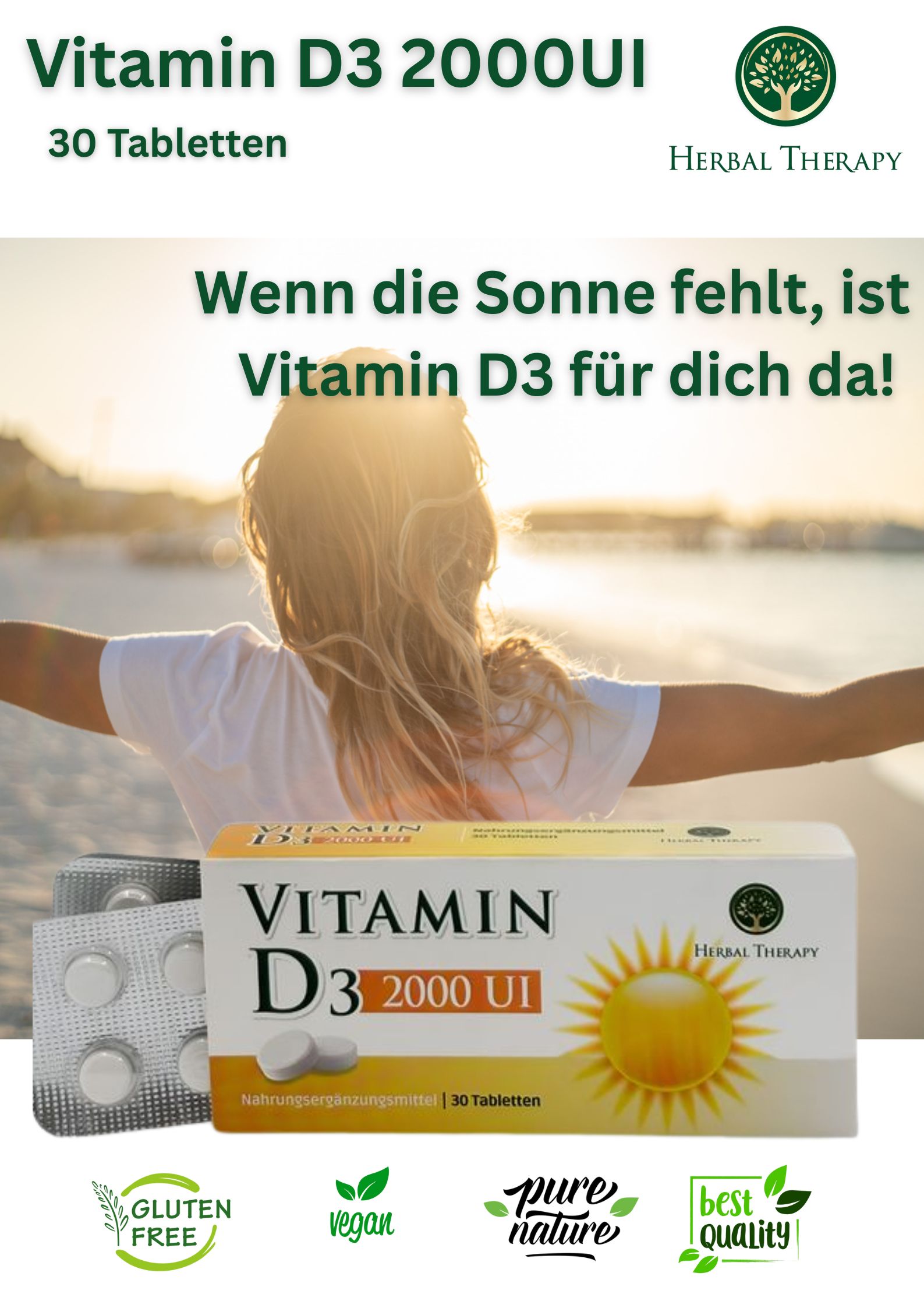 Reclamebeeld met vitamine D3 2000 IE tablettendoos. Vrouw, zon, tekst: Als de zon ontbreekt, is vitamine D3 er voor jou!