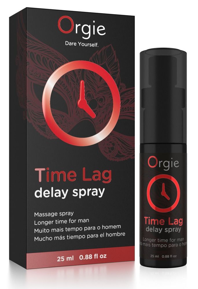 Flacon pulvérisateur noir et emballage. Nom du produit : Time Lag delay spray. Marque : Orgie. 25 ml.