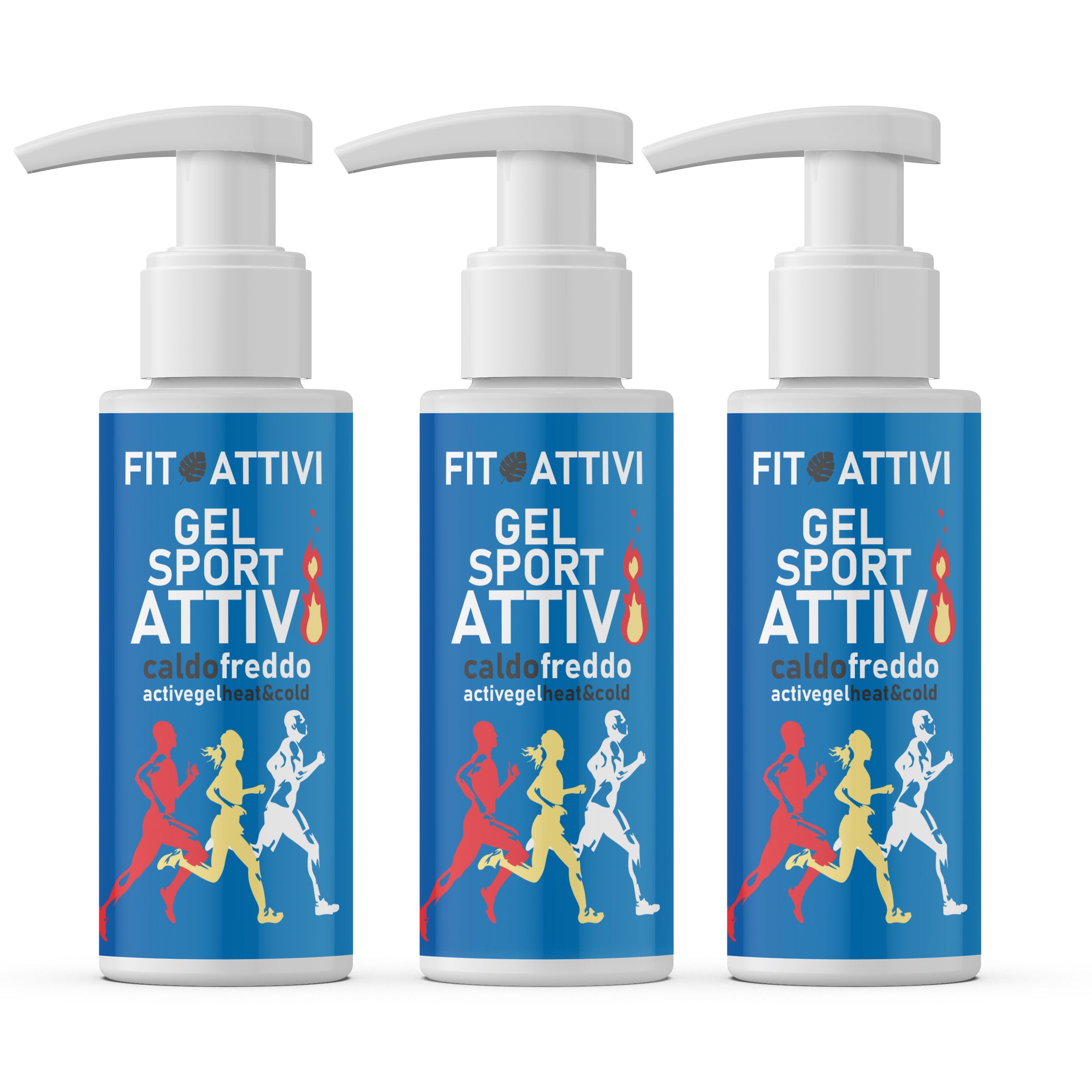 Trois flacons avec pompes blanches. Étiquettes bleues avec texte: FIT ATTIVI GEL SPORT ATTIVI caldofreddo activegel heat&cold. Illustration de coureurs.