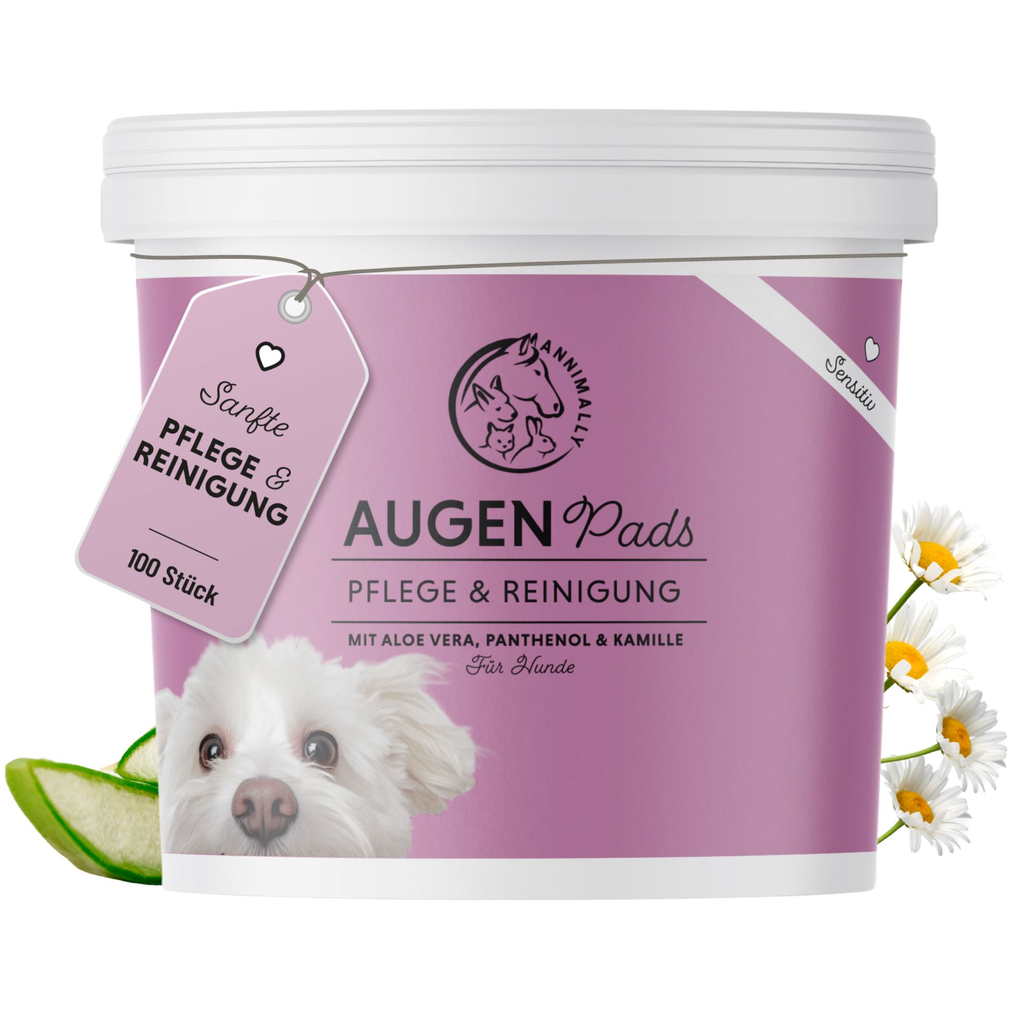 Emmer met oogpads. Opschrift: Annimally Augen Pads, Pflege & Reinigung, 100 stuks. Met Aloë Vera, Panthenol & Kamille. Voor honden.