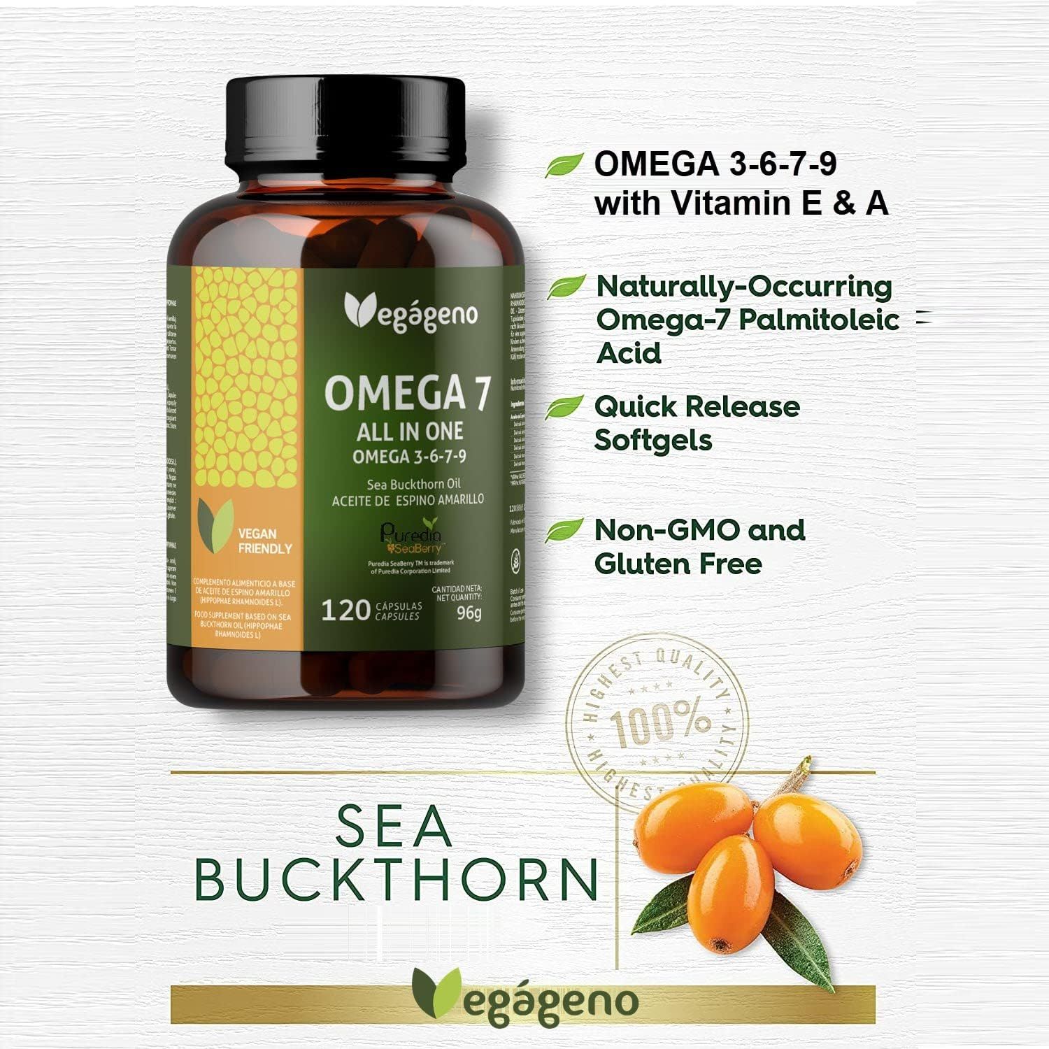 Bouteille Vegagenu Omega 7 avec baies d'argousier et texte sur les vitamines E & A.