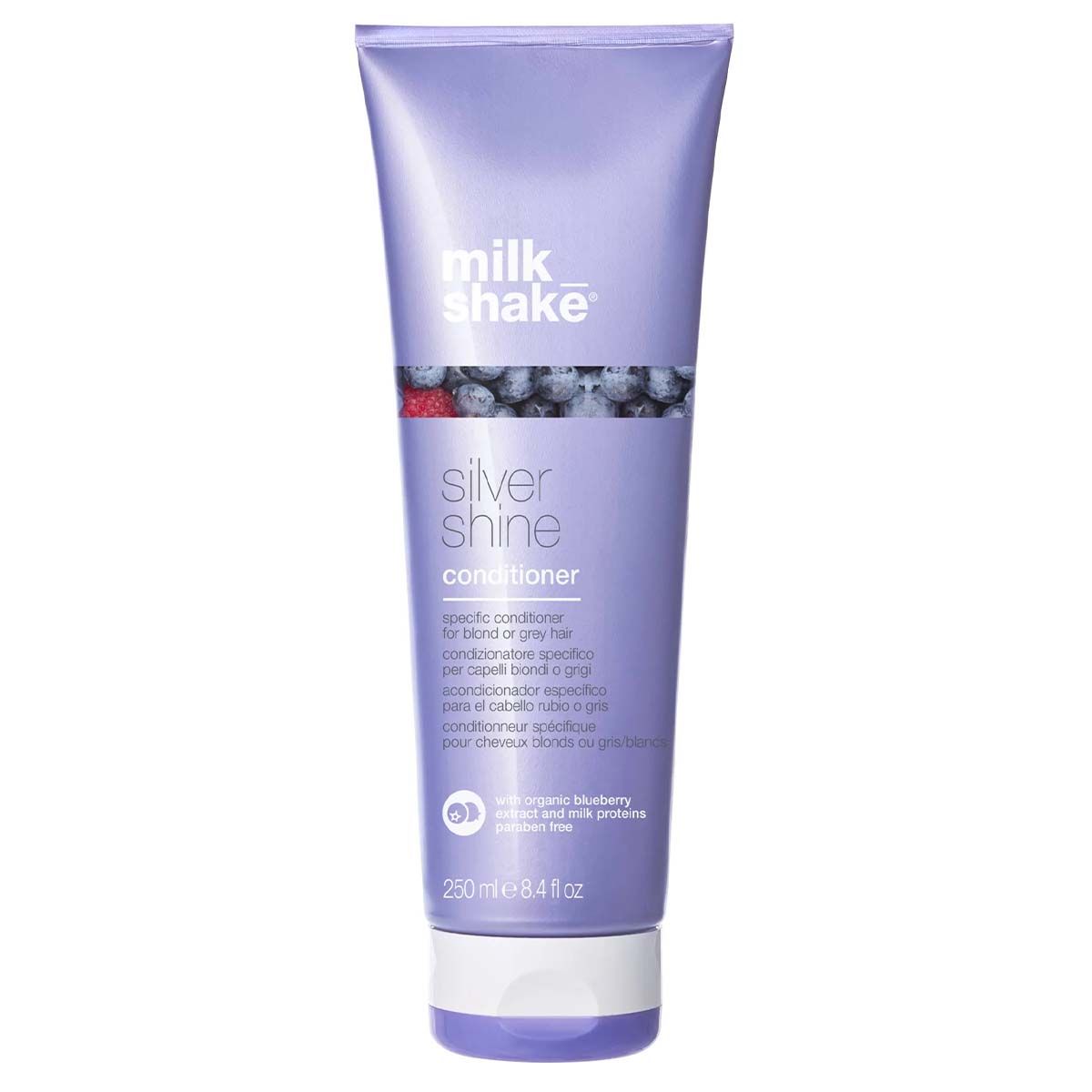 Milk Shake Silver Shine conditioner fles, 250 ml. Lila tube met witte en lila dop.