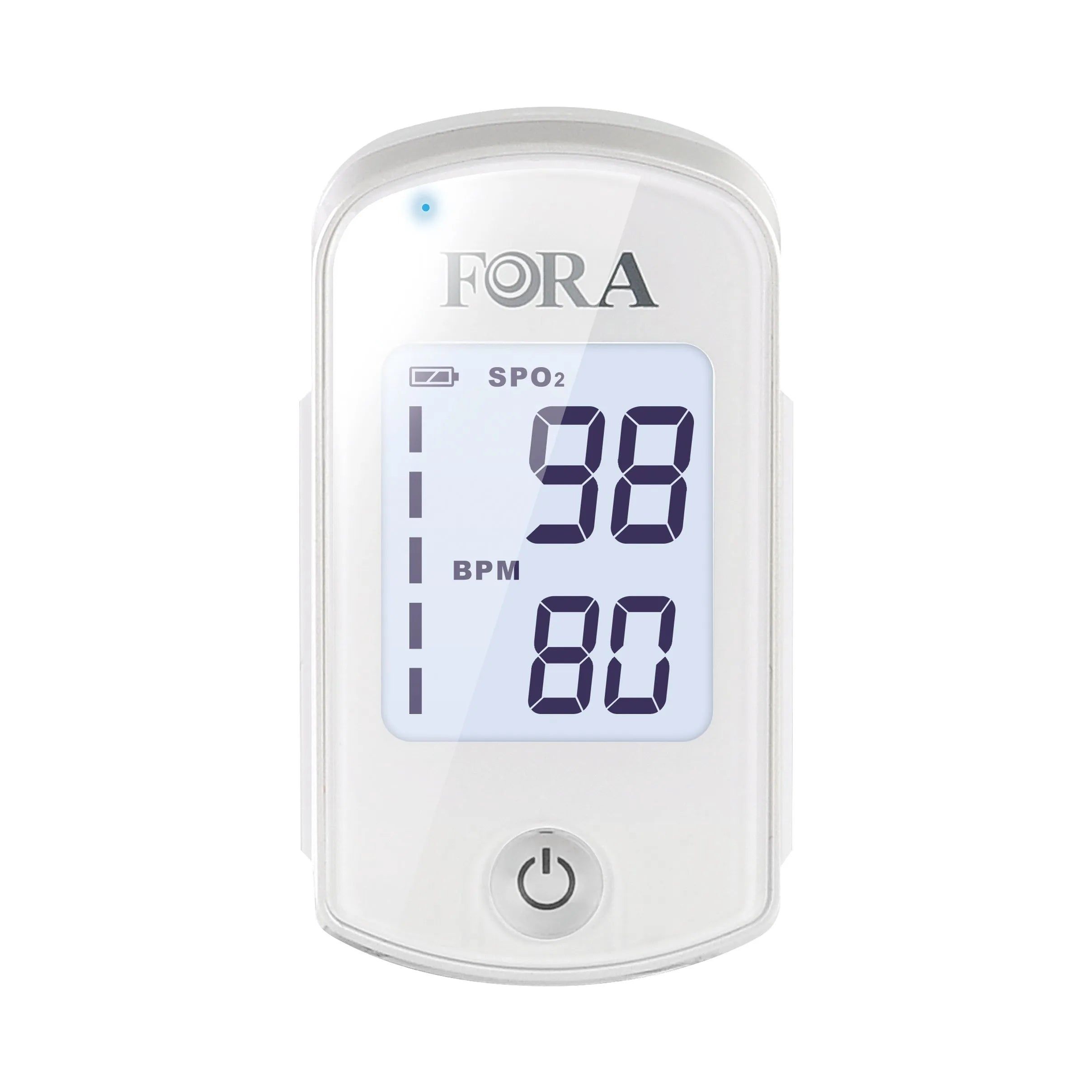 FORA PO200 Pulsoximeter met digitaal display voor SpO2 en hartslag. Witte behuizing met aan/uit-knop.