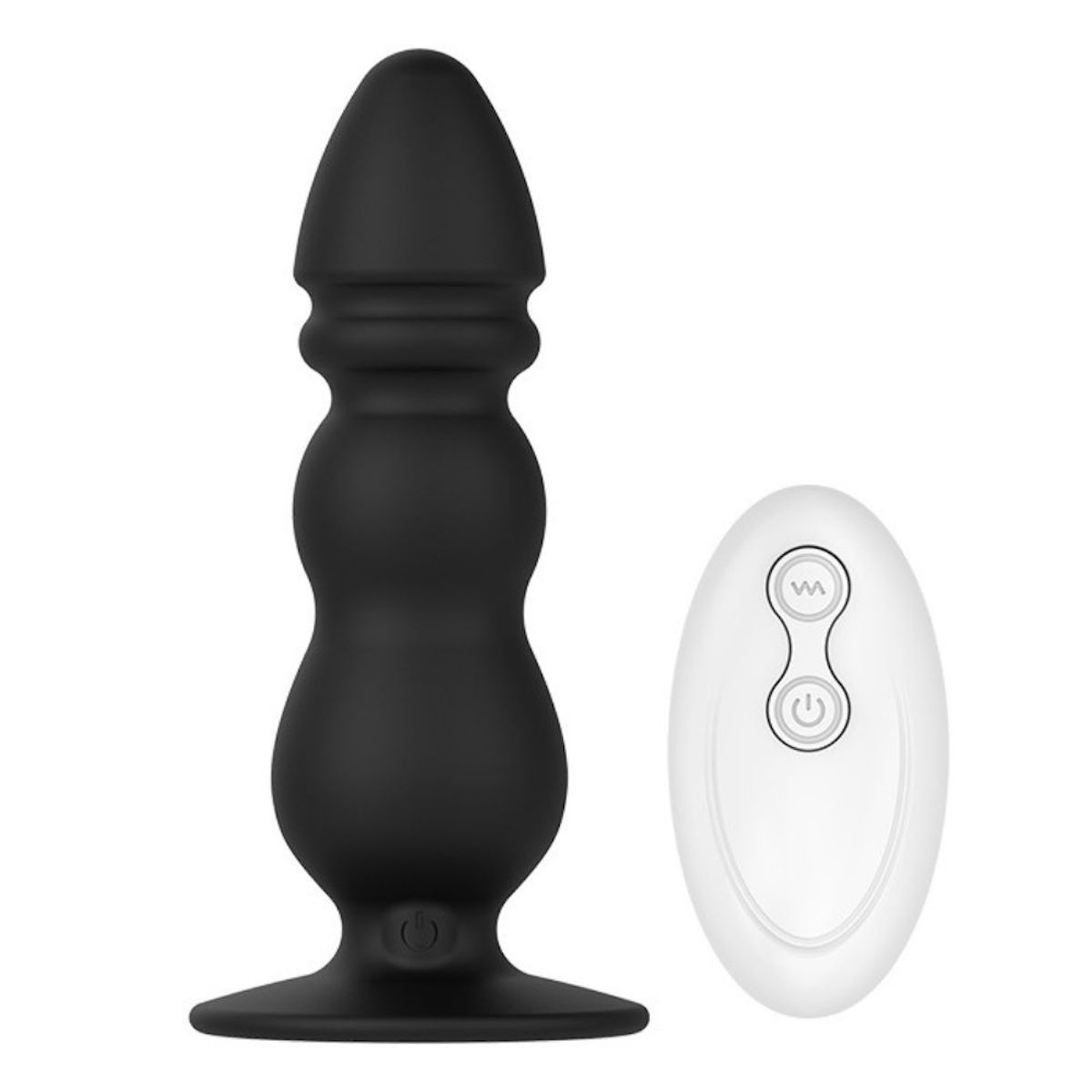 Zwarte anale plug met witte afstandsbediening. De plug heeft een conische punt, een gegroefde schacht en een ronde basis.