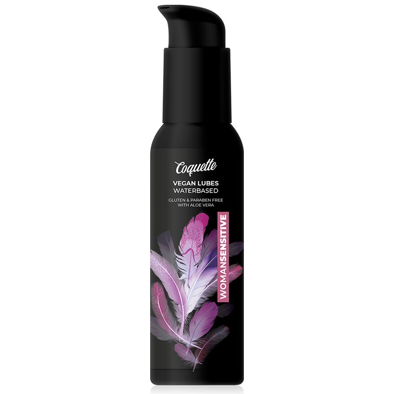 Coquette gel lubrifiant vegan, à base d'eau, WomanSensitive. Flacon noir avec pompe et design plume.