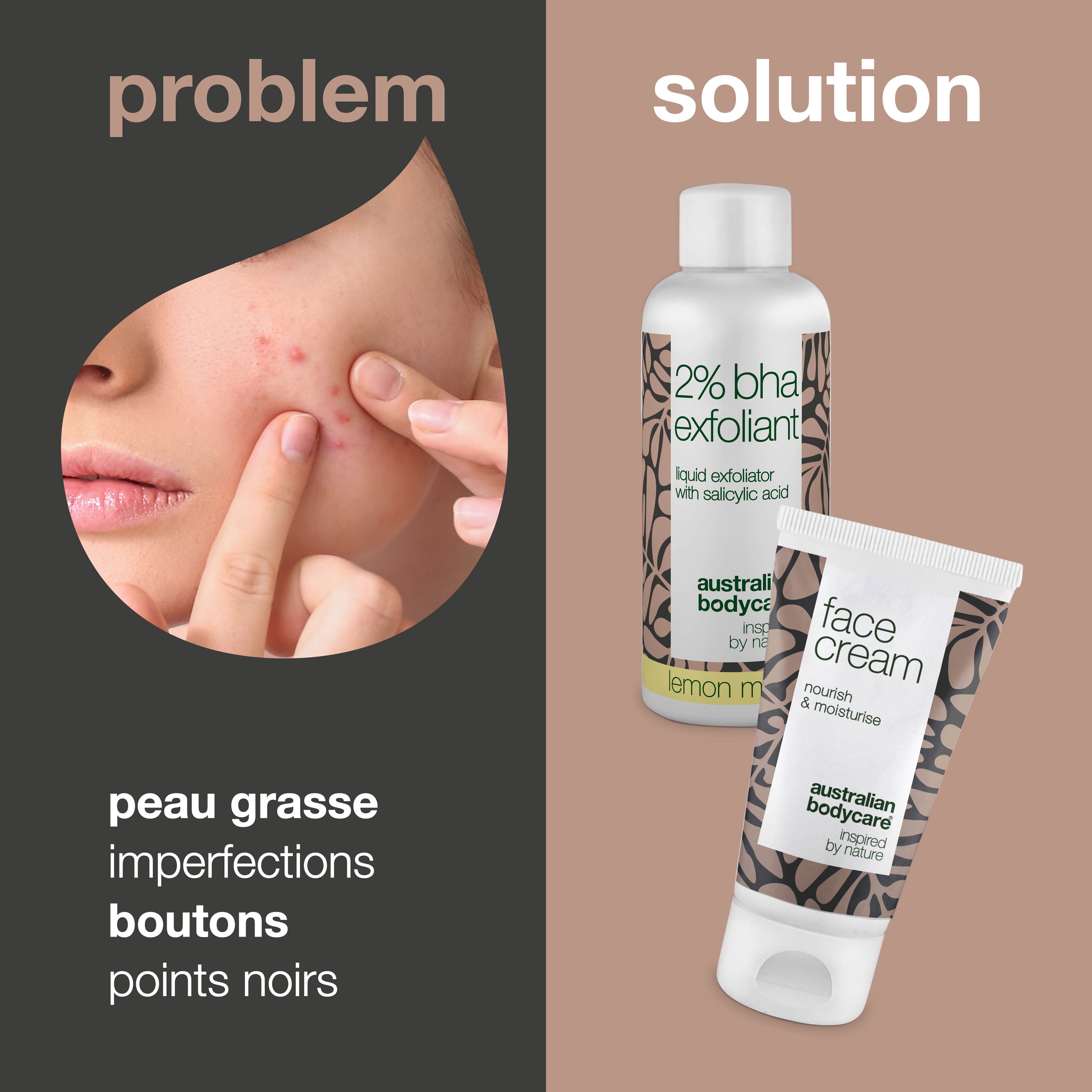 Visage avec imperfections. À côté : 2% BHA Exfoliant et Face Cream. Texte : Problème, Solution.