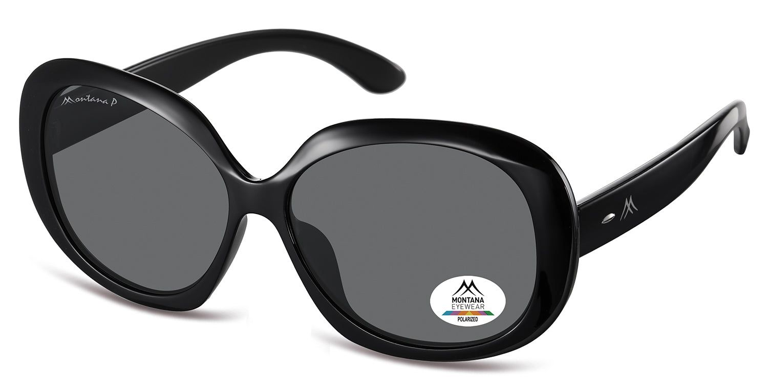 Lunettes de soleil noires, vue latérale. Verres gris, monture ovale. Logo Montana Eyewear sur la lentille et la branche. Verres polarisés.
