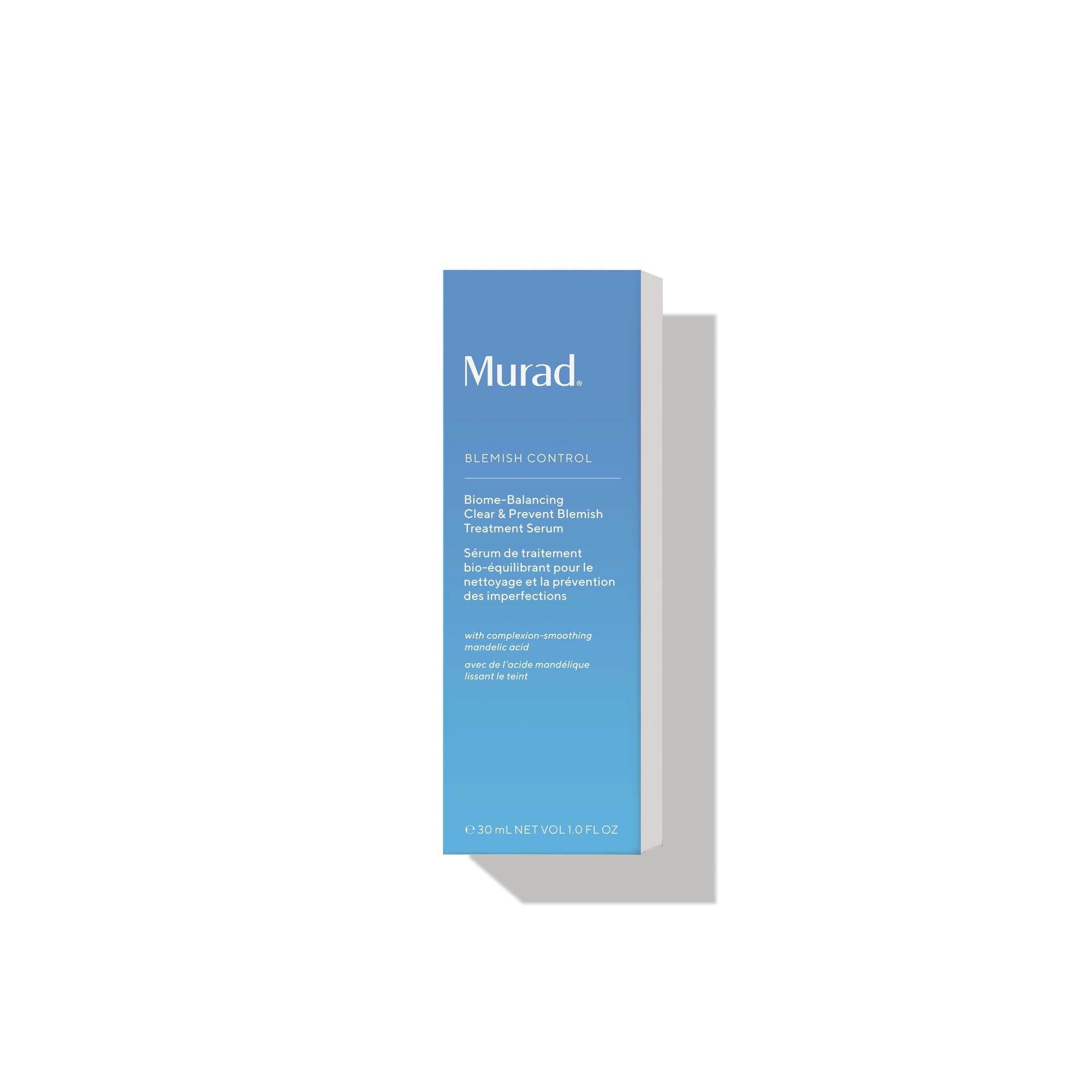Blauw-witte productverpakking. Tekst: Murad, Blemish Control, Biome-Balancing Clear & Prevent Blemish Treatment Serum. 30 ml.