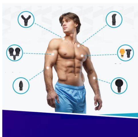 Homme musclé avec embouts de pistolet de massage. Embouts représentés autour du corps, reliés par des lignes pointillées.