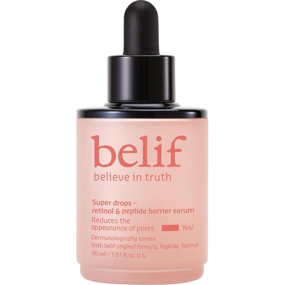 Belif Super Drops serumfles met druppelaar. Roze glas, zwarte dop.