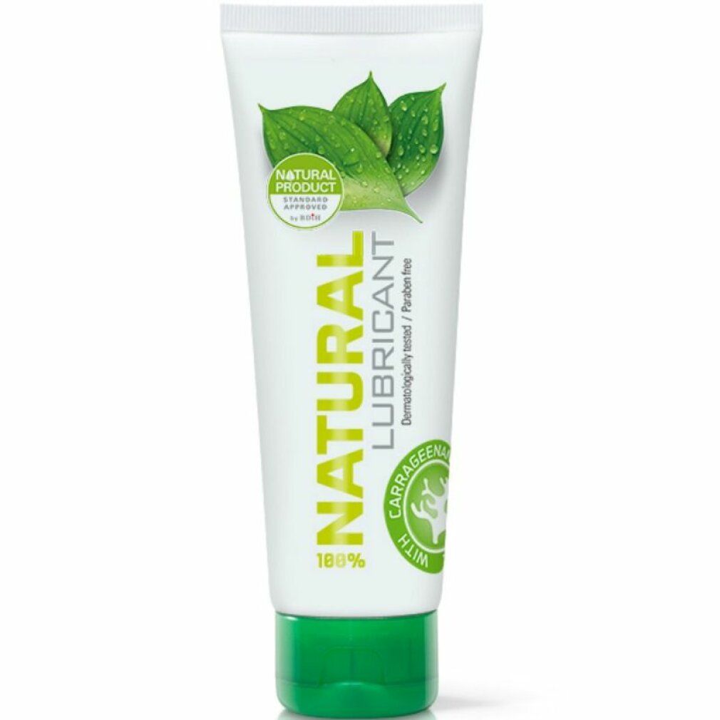 Tube blanc à bouchon vert, inscription "Natural Lubricant". Avec feuilles et gouttes d'eau.