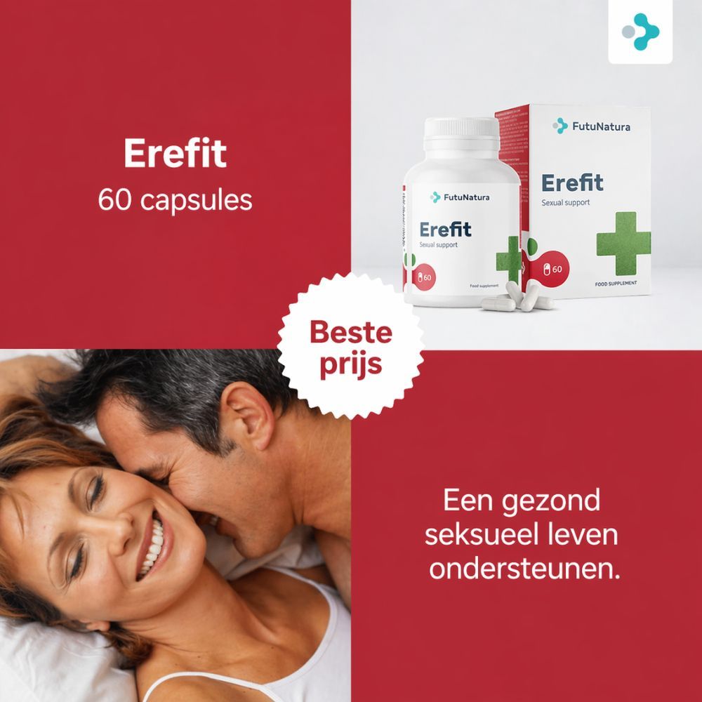 FutuNatura Erefit Sexual Support. Fles en doos met capsules. Koppel in bed. Beste prijs.