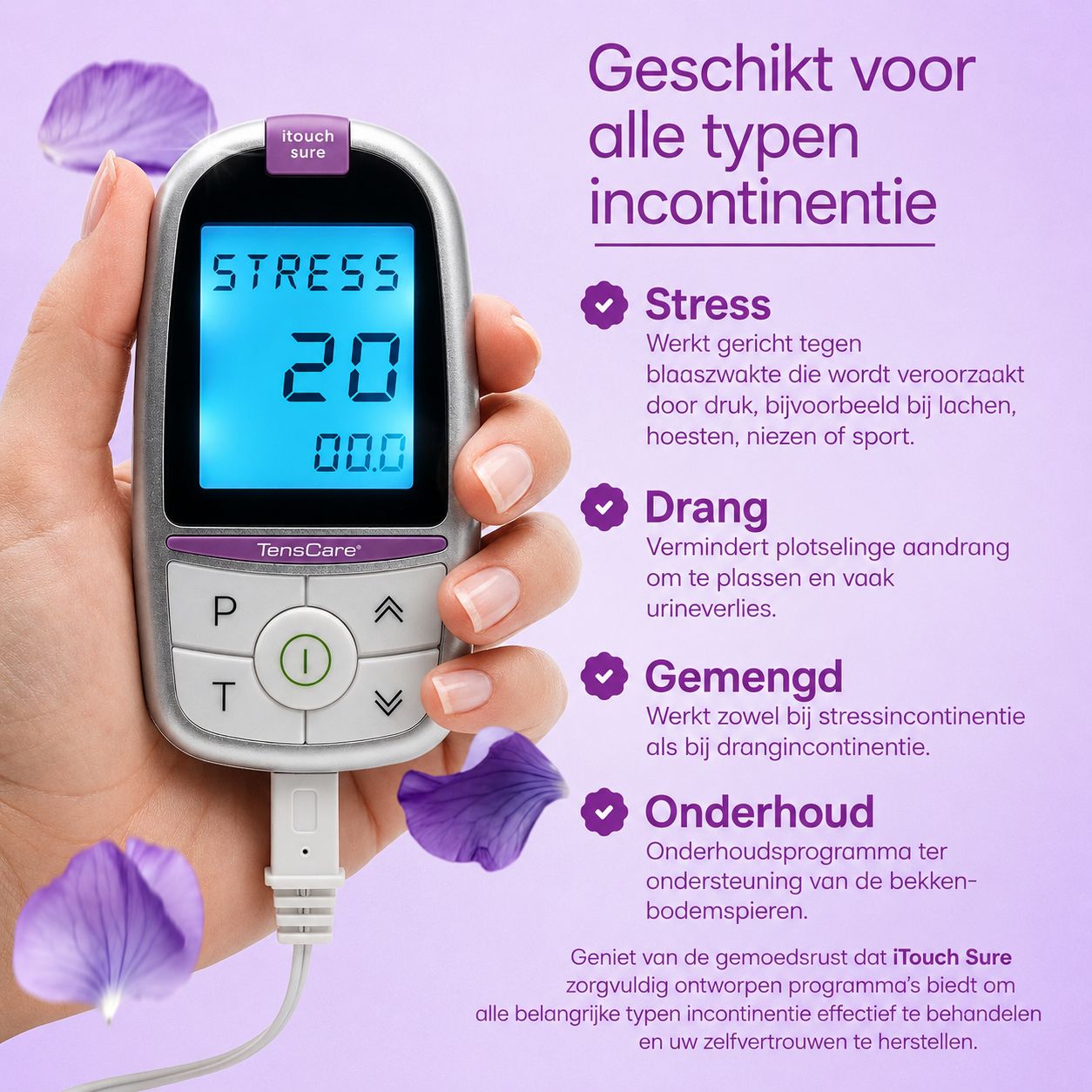 TensCare iTouch Sure voor alle incontinentietypes: stress, drang, gemengd, onderhoud.