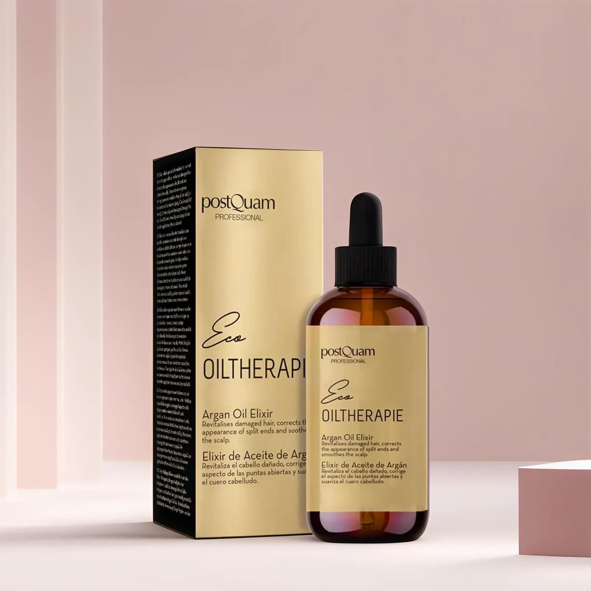 Bruine glazen fles met pipet en gouden etiket. Gouden doos met tekst ernaast. Productnaam: Eco Oiltherapie.