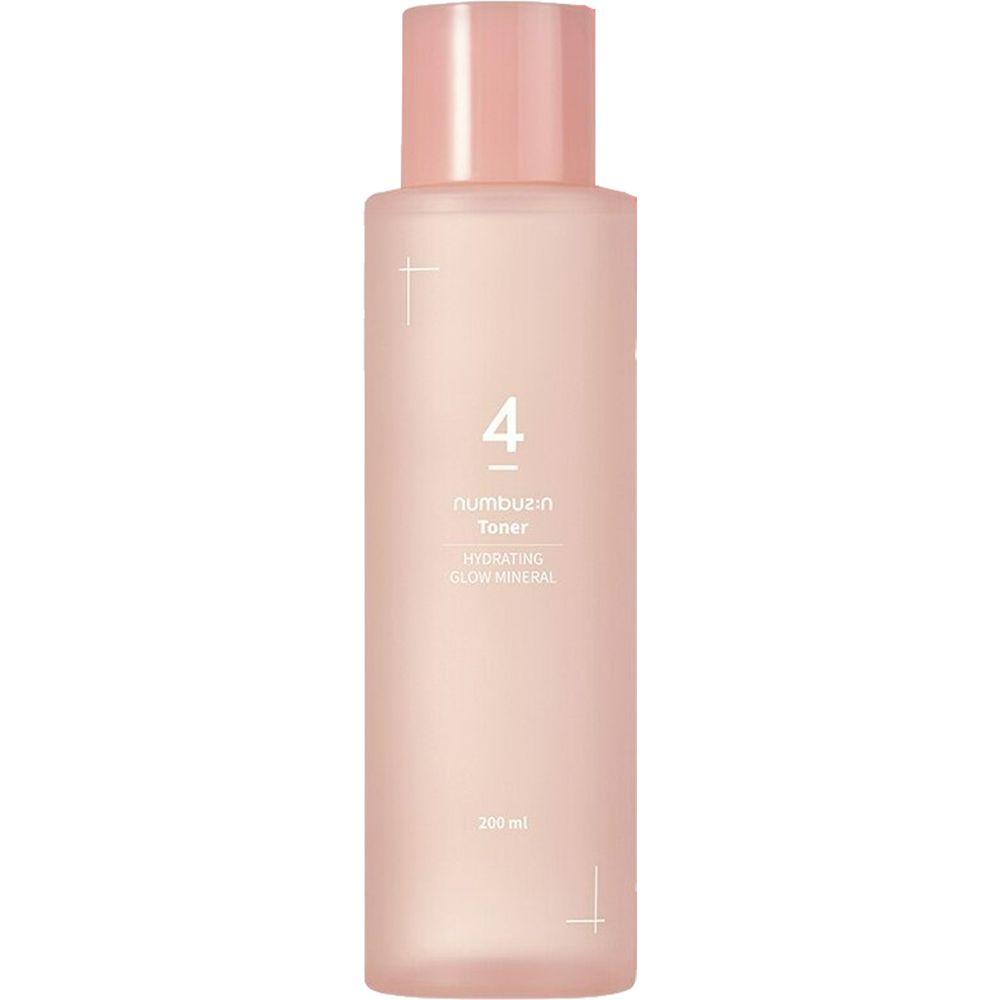 Flacon rose avec "4" et "numbuz:n Toner". Hydrating Glow Mineral. 200 ml.