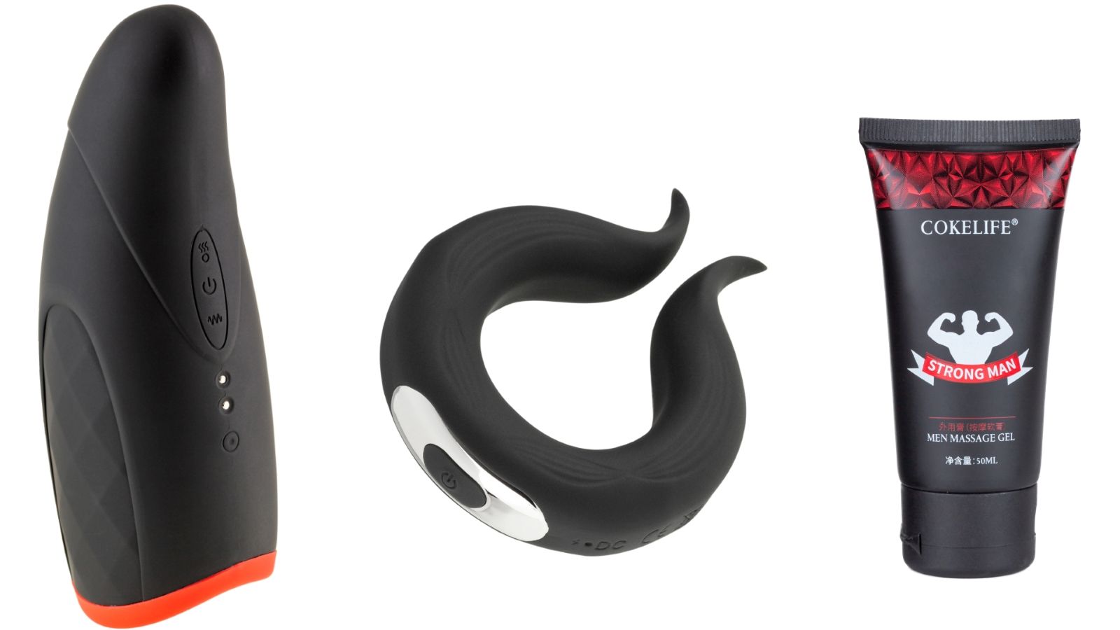 Trois jouets sexuels: un noir avec accent rouge, un en forme d'anneau et un tube imprimé.