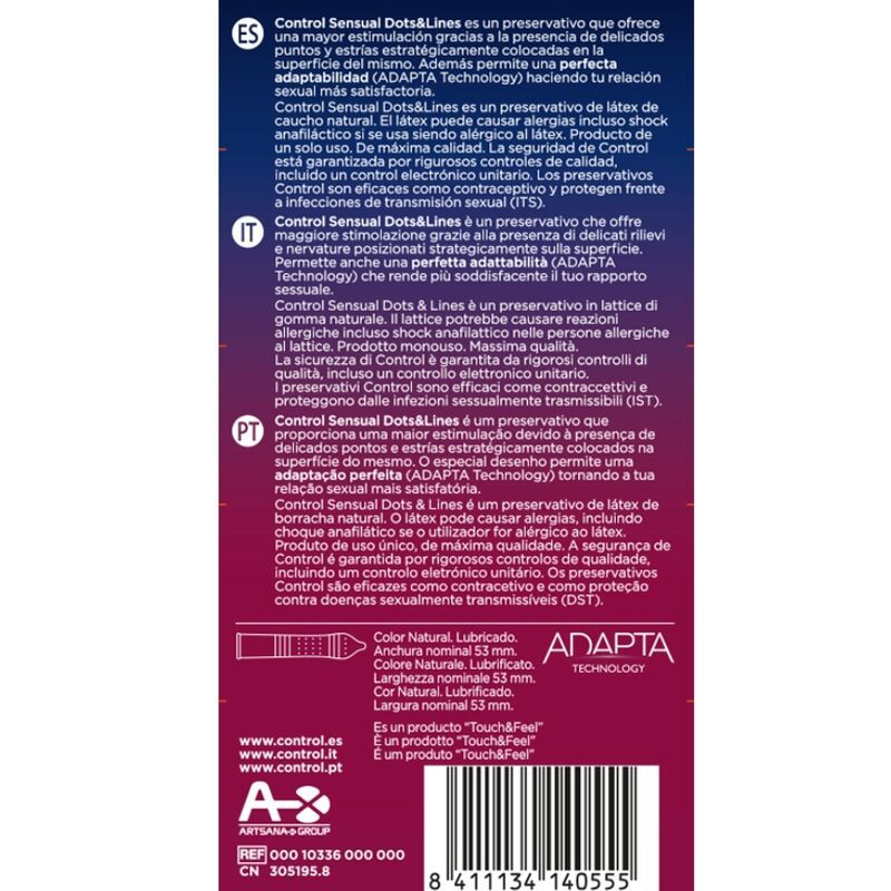 Dos de la boîte CONTROL SENSUAL Dots & Lines. Texte multilingue. Informations produit et certifications.