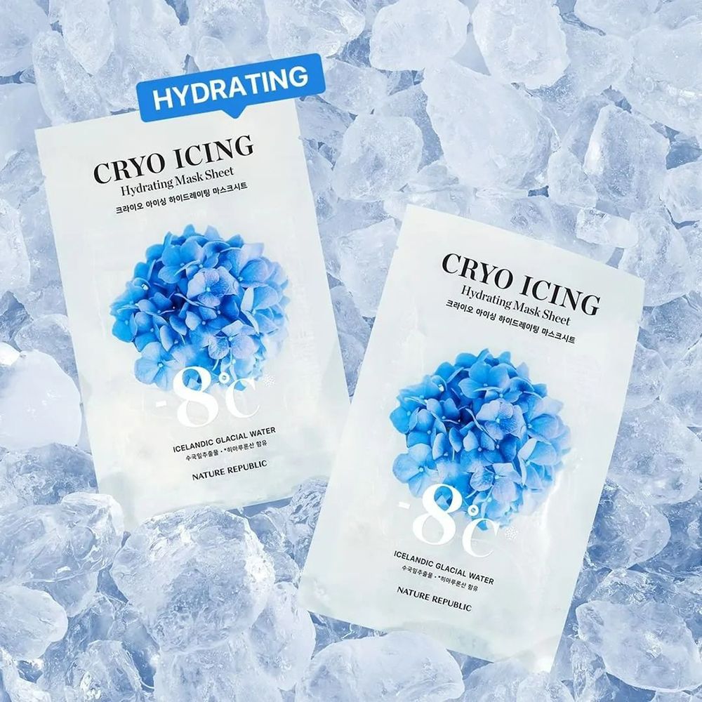 Deux sachets blancs « Cryo Icing » avec motif floral bleu sur glace. Texte : « Hydrating » et « -8°C Icelandic Glacial Water ».