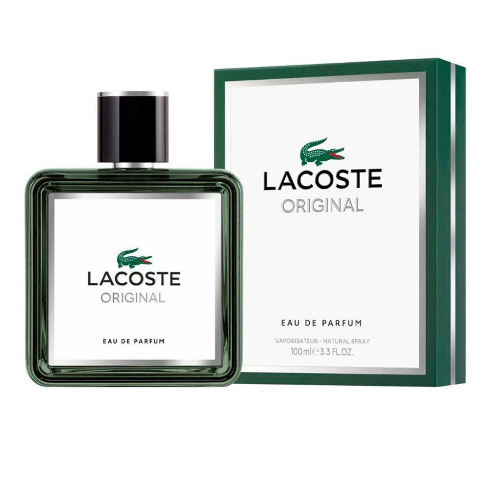 Flacon et emballage Lacoste Original EdP Nat. Spray. Design vert et blanc avec logo crocodile. Texte: Eau de Parfum.