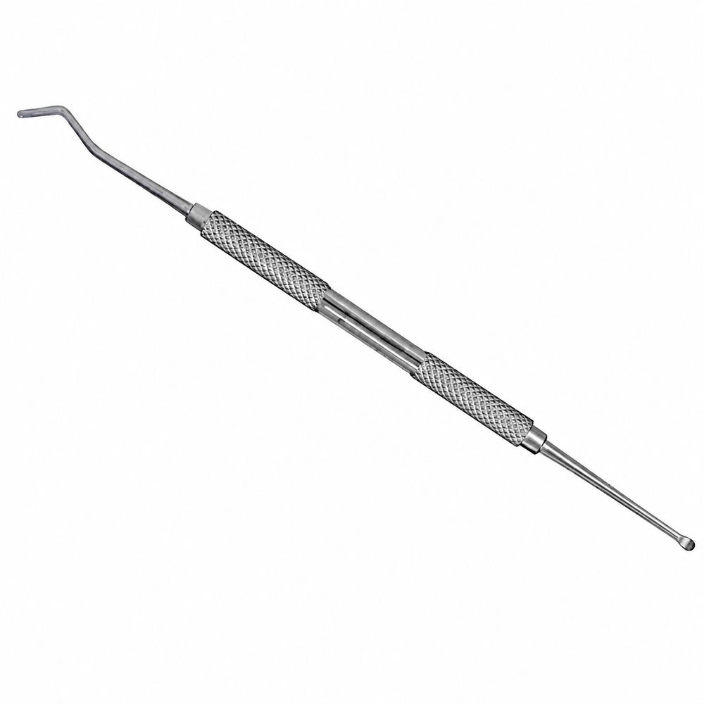 Instrument double en métal avec manche moleté et deux extrémités distinctes : une courbée et une sphérique.
