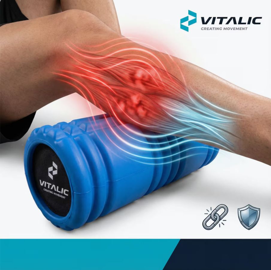 Rouleau de fascia bleu sous la jambe. Zones rouges et bleues indiquent les muscles. Logo VITALIC.