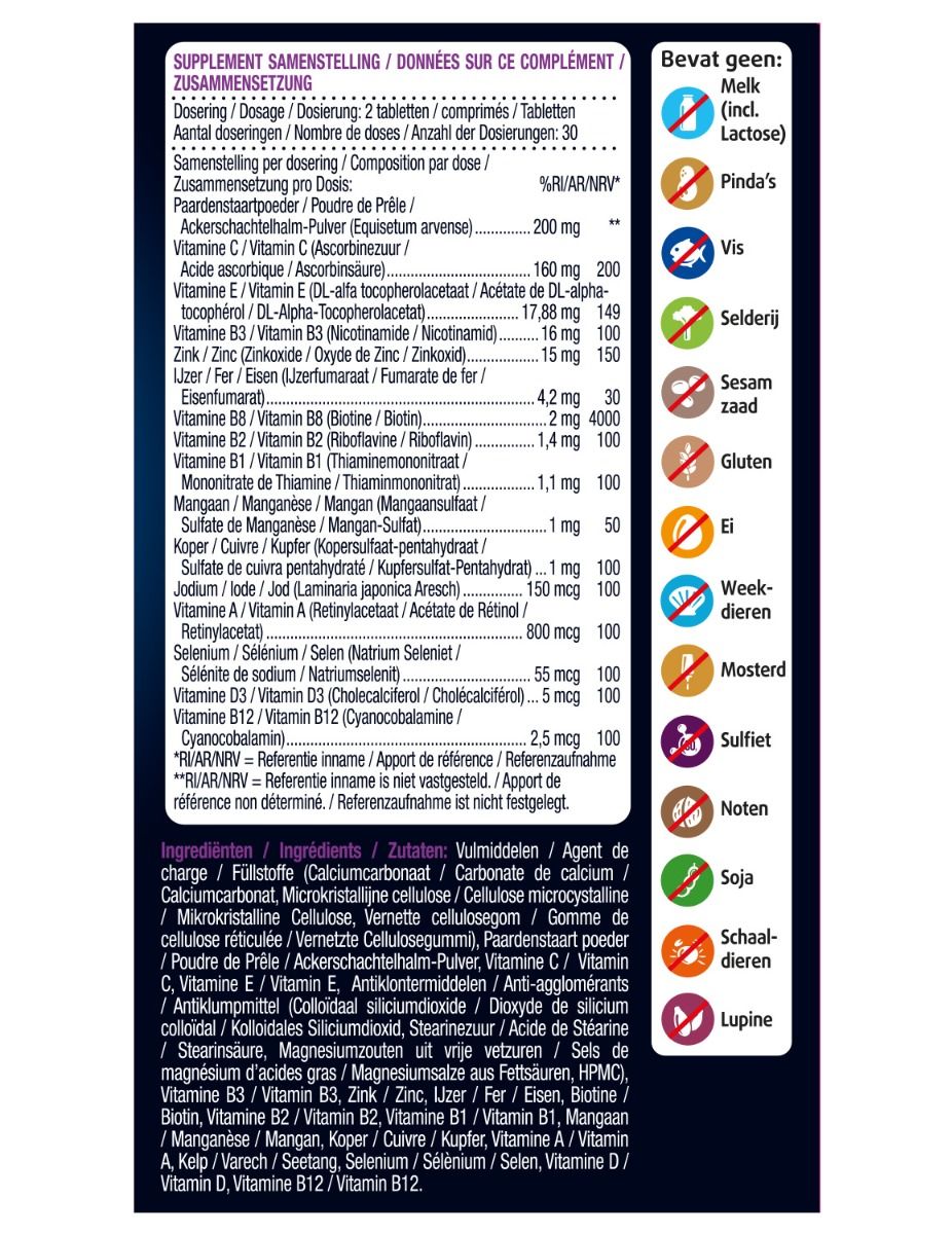 Dos de l'emballage des comprimés Lucovitaal Huid, Haar & Nagels. Contient des informations sur les ingrédients, le dosage et les allergènes.