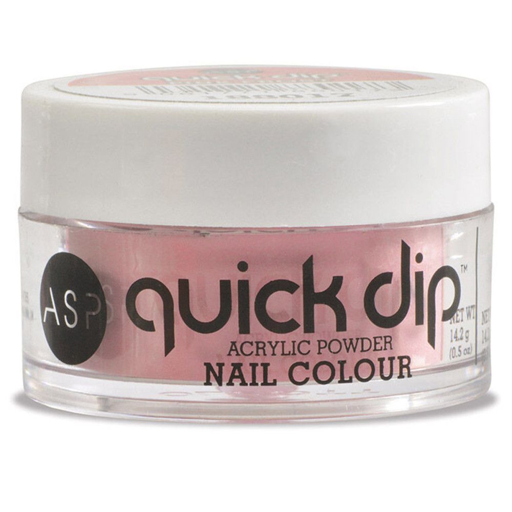 Récipient rond avec poudre rose. Inscription 'quick dip' et 'NAIL COLOUR'.