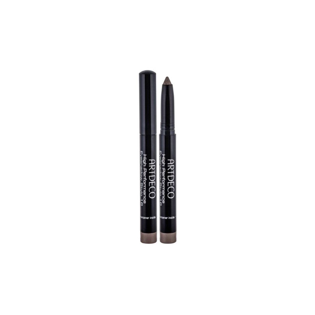 Artdeco High Performance Eyeshadow Stylo. Twee oogschaduwstiften. Zwarte pennen met bruine punten. Productnaam en merk zichtbaar.