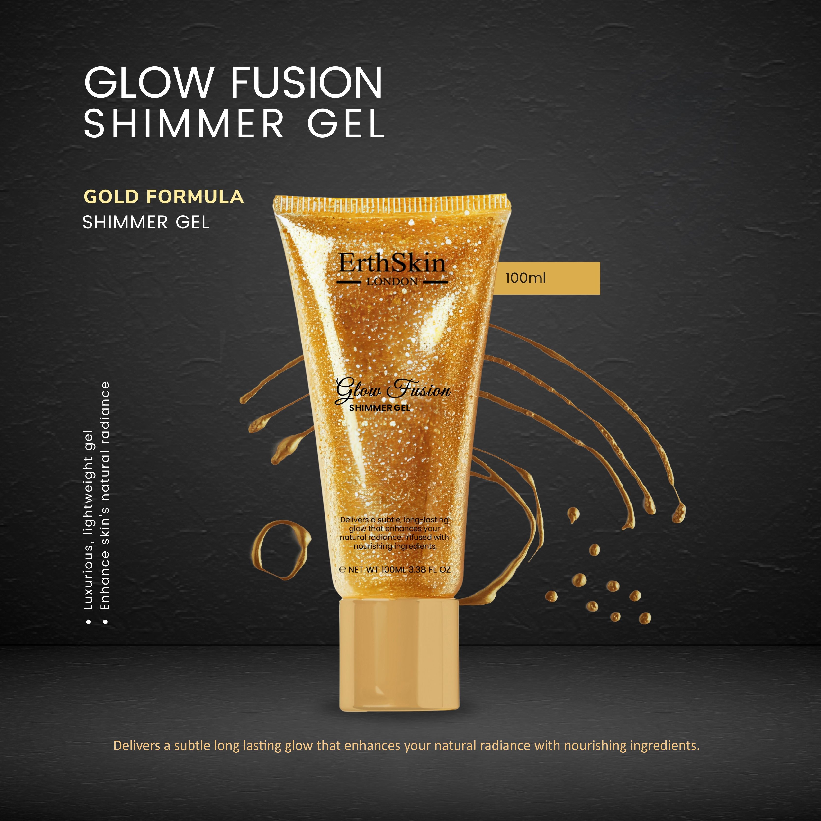 Gel scintillant doré en tube. Nom du produit et de la marque. Texte: Formule Or, Gel scintillant.